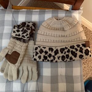 CC Beige Knit Beanie and Leopard-Trim Gloves Set